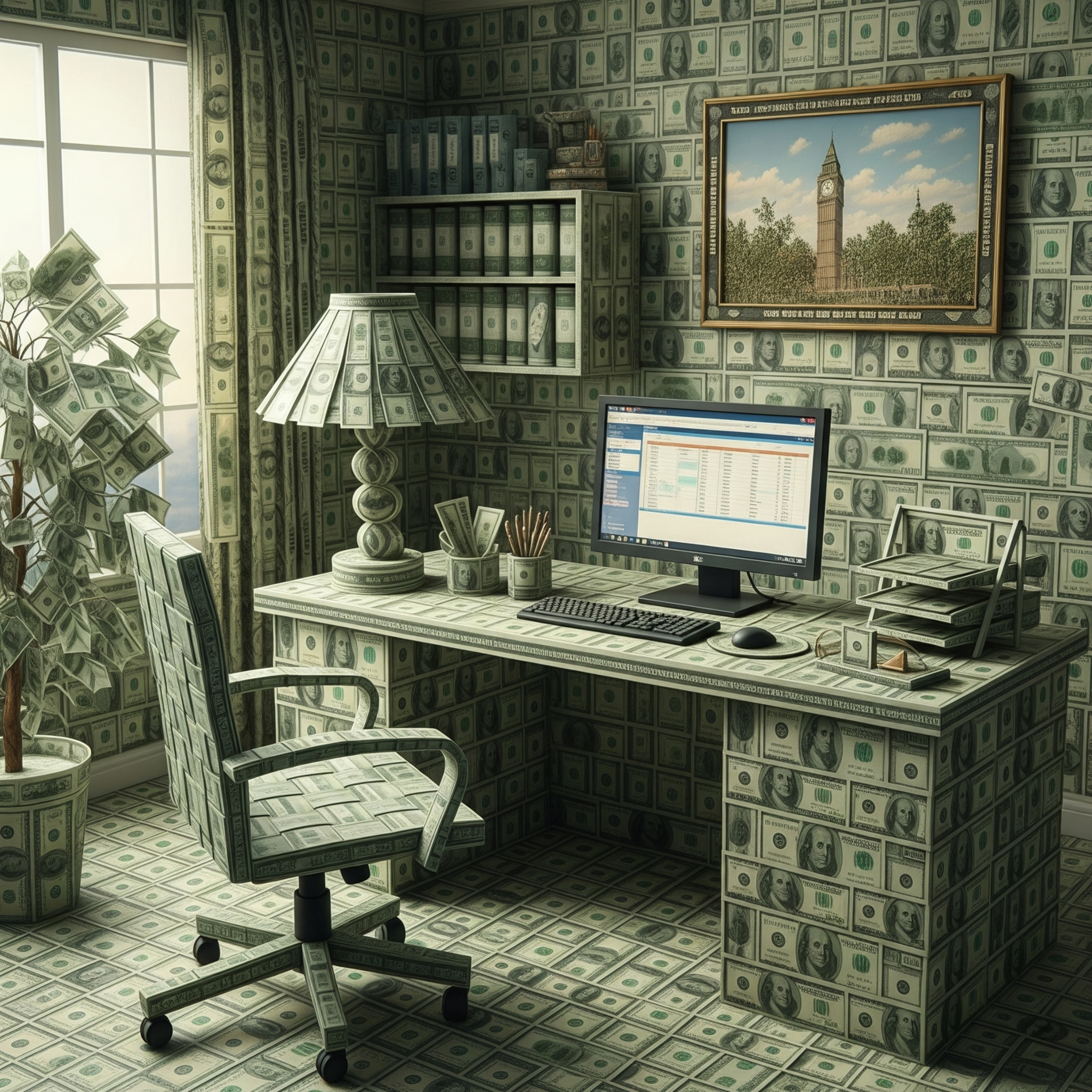 An office literally made of $100 bills