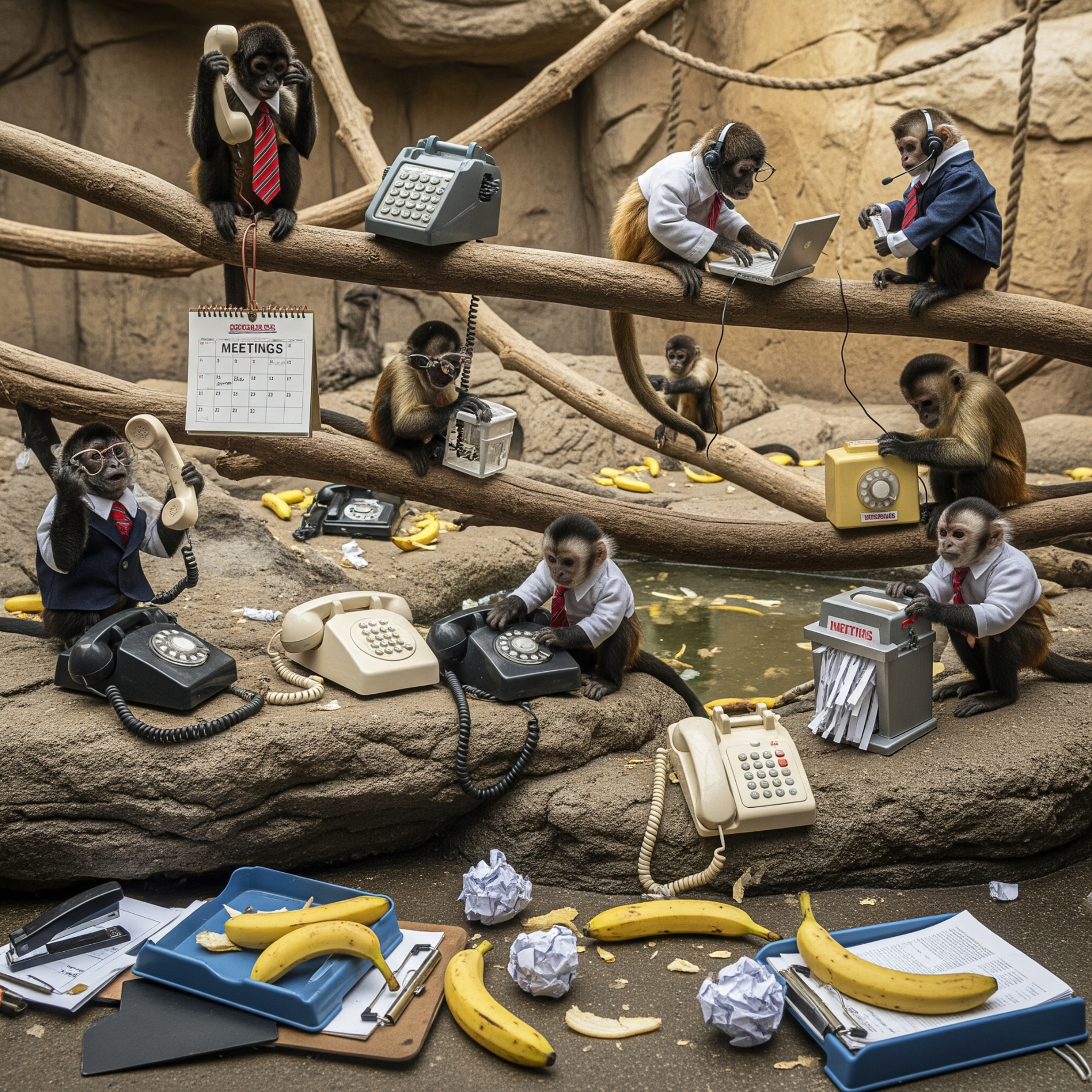 Little monkeys in suits answering phones in a zoo enclosure